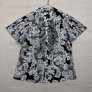Karl Lagerfeld Paris Black Lace Floral Print Short Sleeve Button Up Blouse Shirt